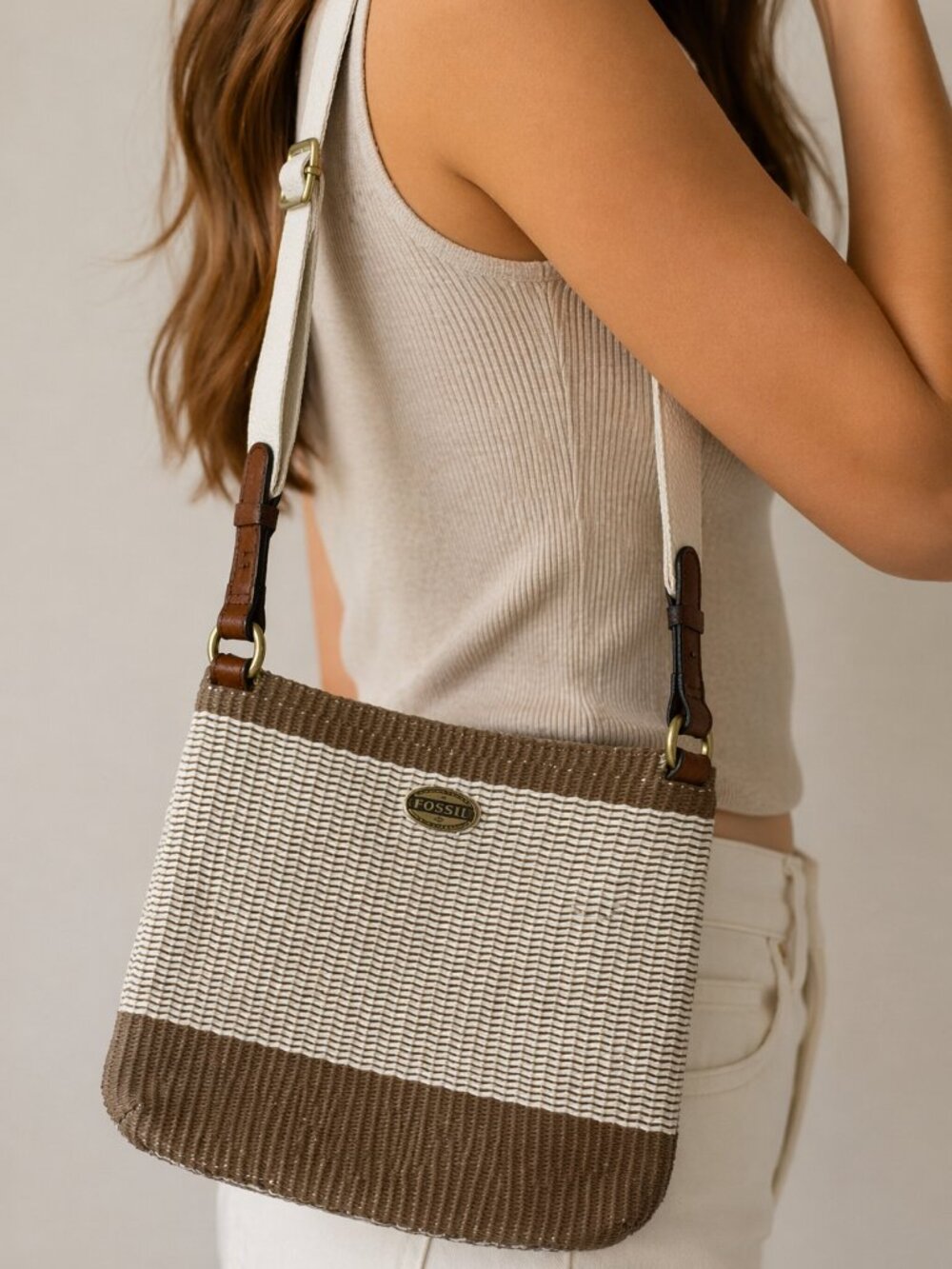 Fossil Crossbody Messenger Bag Saddle Woven Leather Cream Tan Zip Handbag Purse - Picture 7 of 7